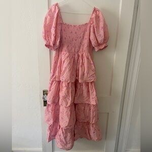 LoveShackFancy Pink floral Puff-Sleeve Tiered midi Sundress L 100% cotton